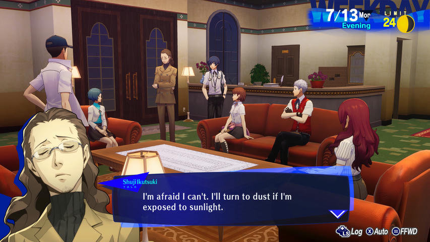 A screenshot from Persona 3 Reload depicting Ikutsuki announcing to the party that he will 'turn to dust if exposed to sunlight'.