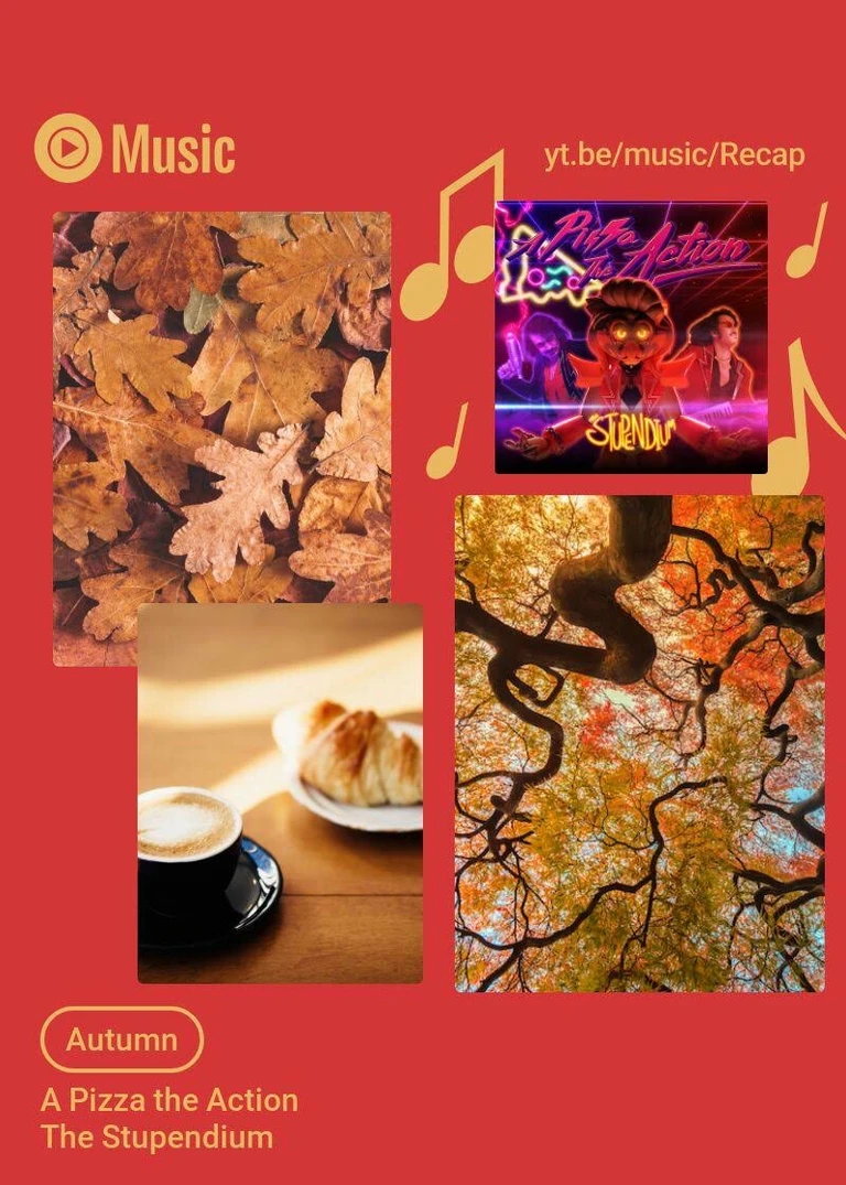 Autumn summary featuring images of leaves, trees, and a croissant next to some coffee. Also features 'A Pizza the Action' by the Stupendium.