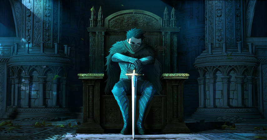 A hero image depicting my Elden Ring character sat in the Elden Throne, leaning forwards against their sword.