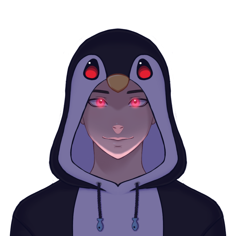 The same as the original PNG Avatar image, except the bright blue eyes are now glowing a strong red, and the penguin hoodie's eyes are also glowing red. Dramatic lighting is shown coming from below, with the entire face in shadow save for highlights on the chin and under the nose, evoking images of spooky ghost story lighting.