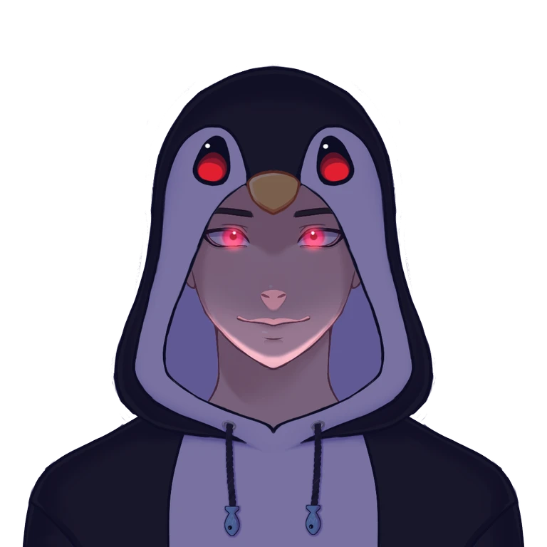 The same as the original PNG Avatar image, except the bright blue eyes are now glowing a strong red, and the penguin hoodie's eyes are also glowing red. Dramatic lighting is shown coming from below, with the entire face in shadow save for highlights on the chin and under the nose, evoking images of spooky ghost story lighting.