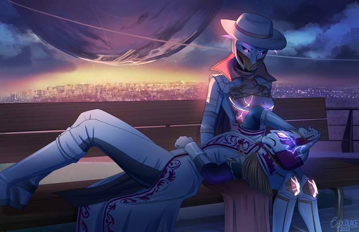 A hero image depicting my Destiny 2 Hunter and Warlock sat on a bench in the Tower, overlooking the Last City. The Warlock's head is resting in the Hunter's lap, reminiscent of the Persona 3 ending scene.