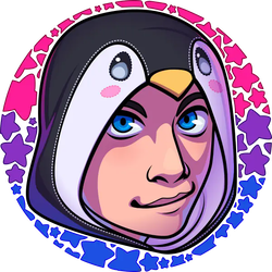 Profile Picture: a person with bright blue eyes looking up at you at an angle, with a smirk. They're wearing a hood with stitched decorations so it looks like a penguin's face. The background is covered in stars, coloured to look like the Bisexual Pride flag: pink at the top, purple in the middle, and blue at the bottom.