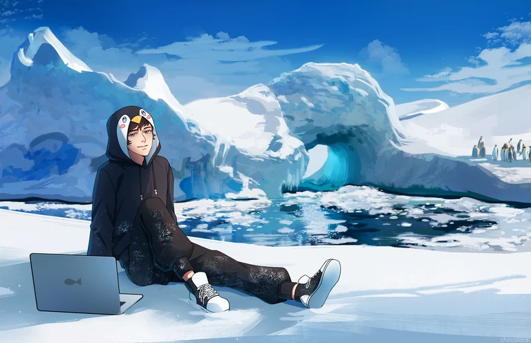 Lyre is sat leaning back slightly in a snowfield, looking towards the camera with a slight smile. One of their legs is pulled close, whilst the other is extended. To their right is a laptop with the back showing a fish logo to the camera. In the background is a large ice lake with clumps of snow forming on top of it, and at the far side is a natural snowy archway where the lake would flow through if it wasn't frozen. To the left of the archway are some high cliffs, and to the right the arch slopes down to Lyre's ground level, where a huddle of Adelie / King / Emperor penguins can be seen.