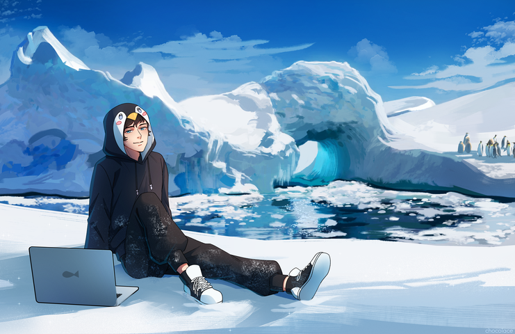 A hero image depicting Lyre - a white guy in a penguin hoodie with dark hair - sat back in a relaxed pose within a snowfield. A natural arch is visible in the background beyond a frozen lake, along with a huddle of penguins.