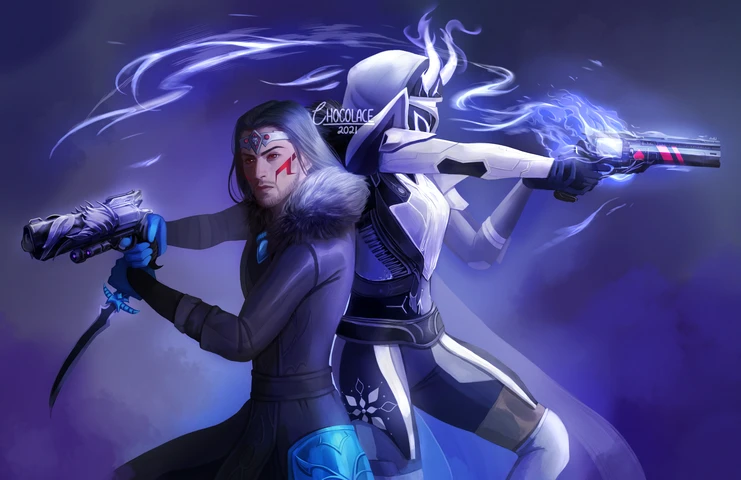 A hero image depicting my Destiny 2 Hunter and ESO Nightblade, Nariil Scratosil, stood back to back; the Hunter has leant Nariil the Hawkmoon hand cannon, whilst they're themselves wielding the Ace of Spades.