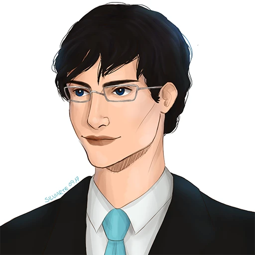 A portrait style drawing of me: a white guy with dark slightly-dishevelled hair, glasses, and blue eyes. I'm looking off to the left in a typical portrait pose, and wearing a suit with a light blue tie.