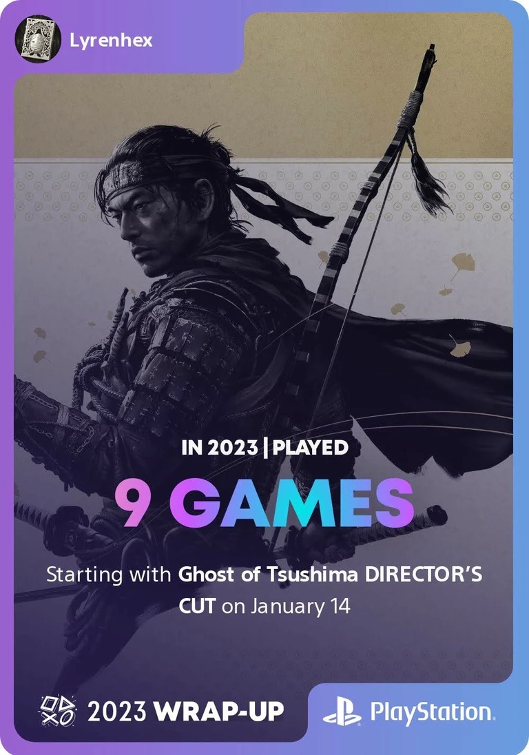 PlayStation 2023 Wrap-Up for Lyrenhex:
In 2023, I played 9 games starting with Ghost of Tsushima DIRECTOR'S CUT on January 14.