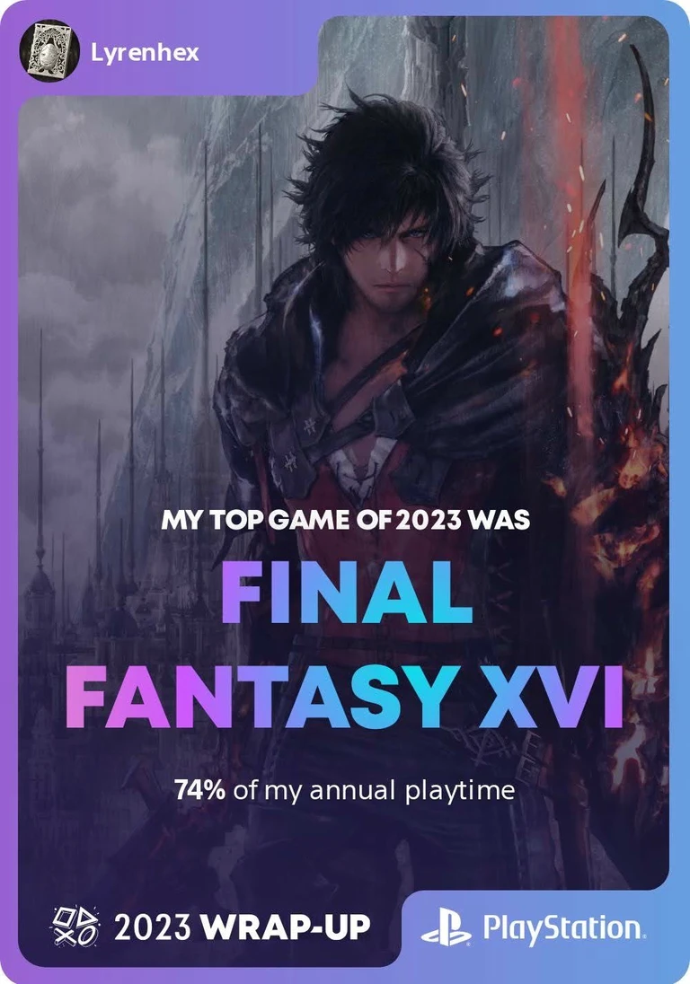 PlayStation 2023 Wrap-Up for Lyrenhex:
My top of game of 2023 was Final Fantasy 16, with 74% of my annual playtime.